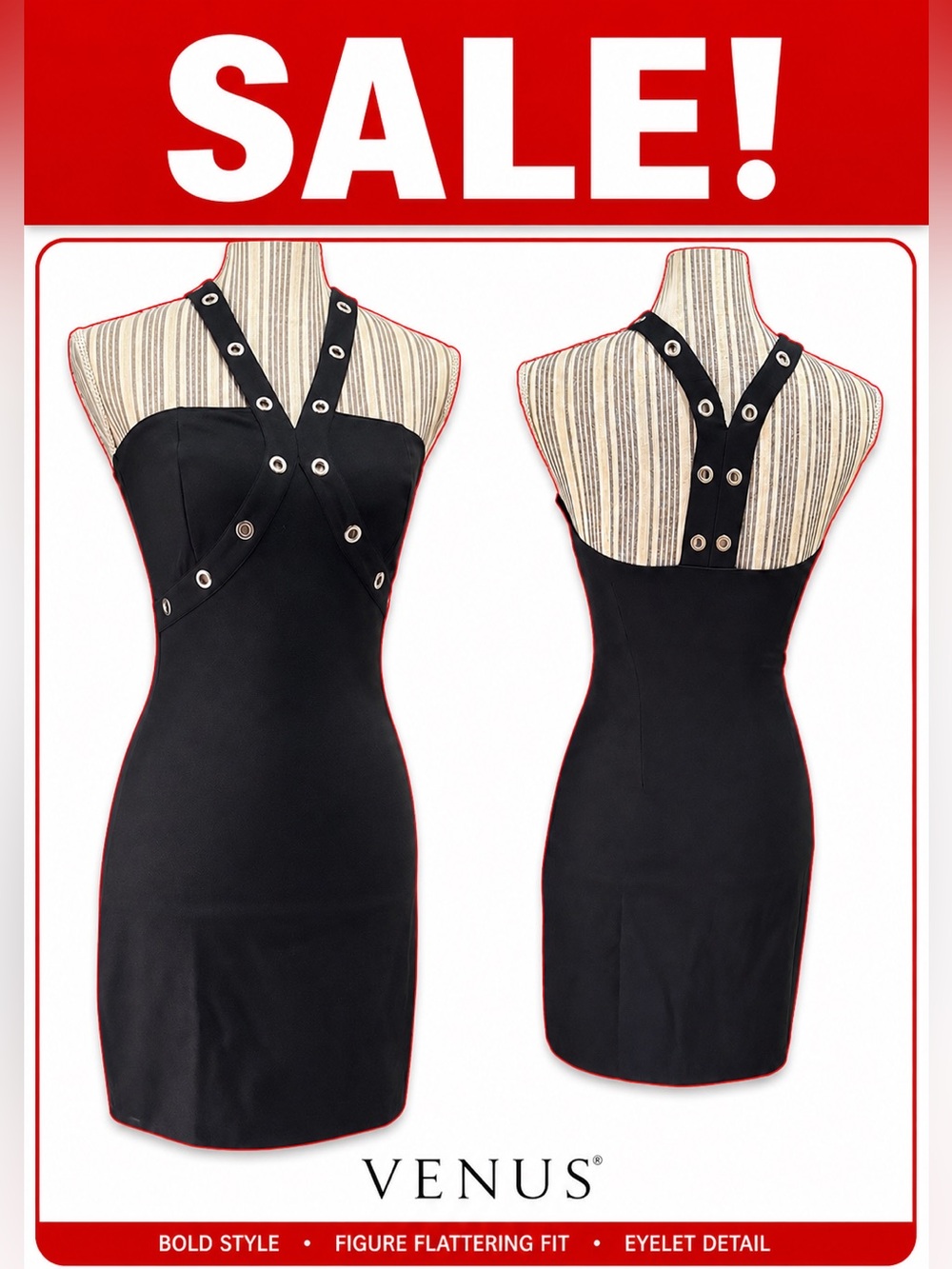VENUS Black Bodycon Grommet Strap Dress XS Edgy Cocktail